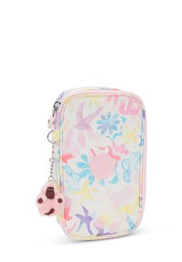 Colorful, patterned pencil case with a zipper closure, featuring pastel hues and floral designs; includes a pink fuzzy monkey keychain.
