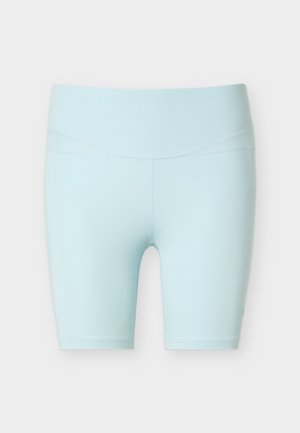 Light blue, high-waisted, knee-length athletic shorts with flat seams designed for comfort and flexibility.