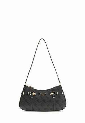 Sac d'épaule noir Guess avec motif monogramme, boucles ton or et bandoulière ajustable, forme rectangulaire avec fermeture éclair courbée sur le dessus.