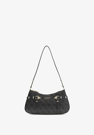 Borsa a spalla nera Guess con motivo monogramma, fibbie color oro e tracolla regolabile, forma rettangolare con cerniera superiore curva.