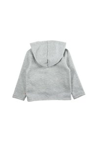 Sweat à capuche gris avec une capuche, des manches longues et un ourlet côtelé. Confectionné dans un tissu doux, il présente un design simple et un petit logo en bas.