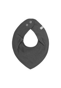 Mørkegrå bomulds baby bandana smæk med trykknap lukning og en lille stofmærke på den ene side.
