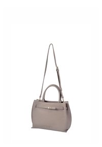 Borsa a mano in pelle grigia con design strutturato, dotata di manici doppi e tracolla rimovibile. Include dettagli in metallo dorato.