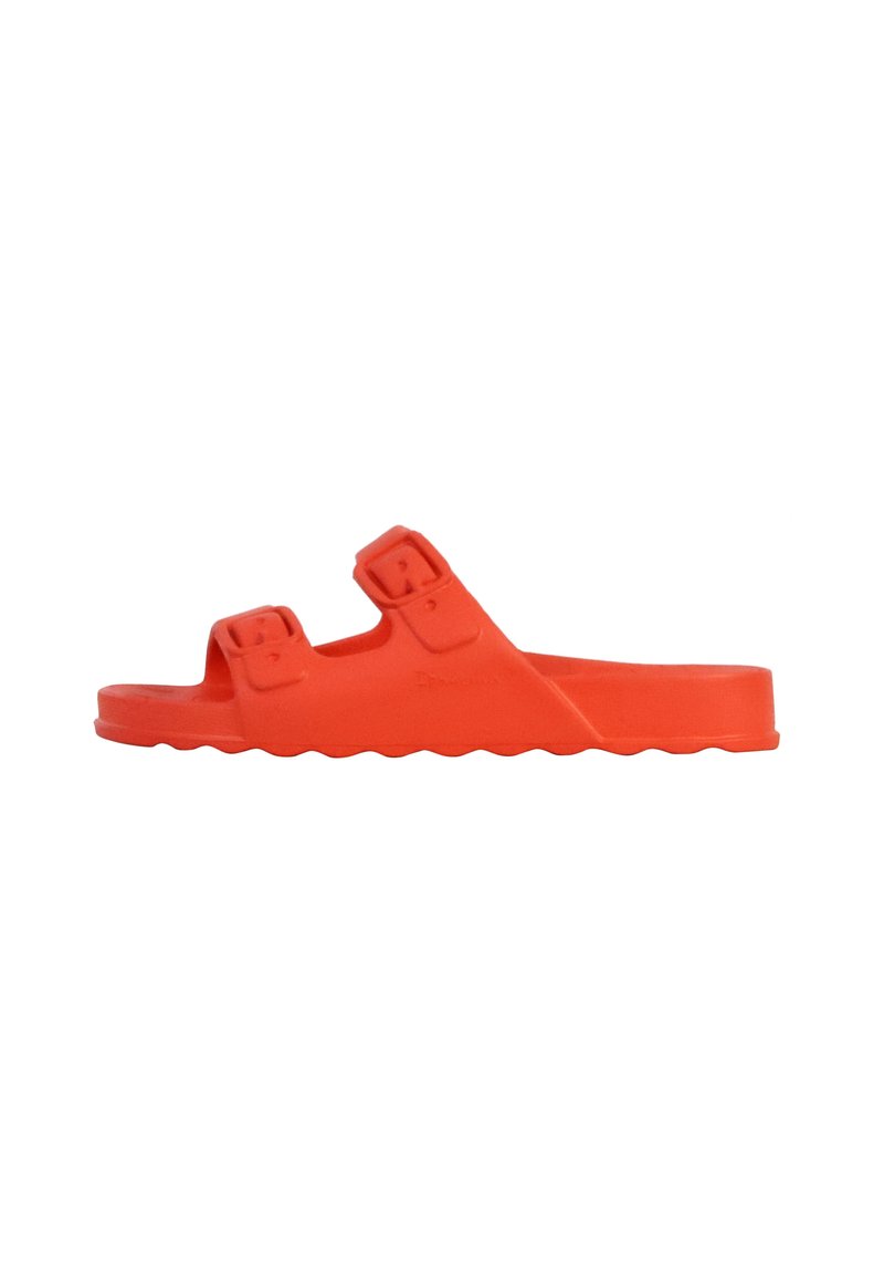 Orange rubber slide sandal with two adjustable buckle straps, a textured footbed, and a wavy outsole design.