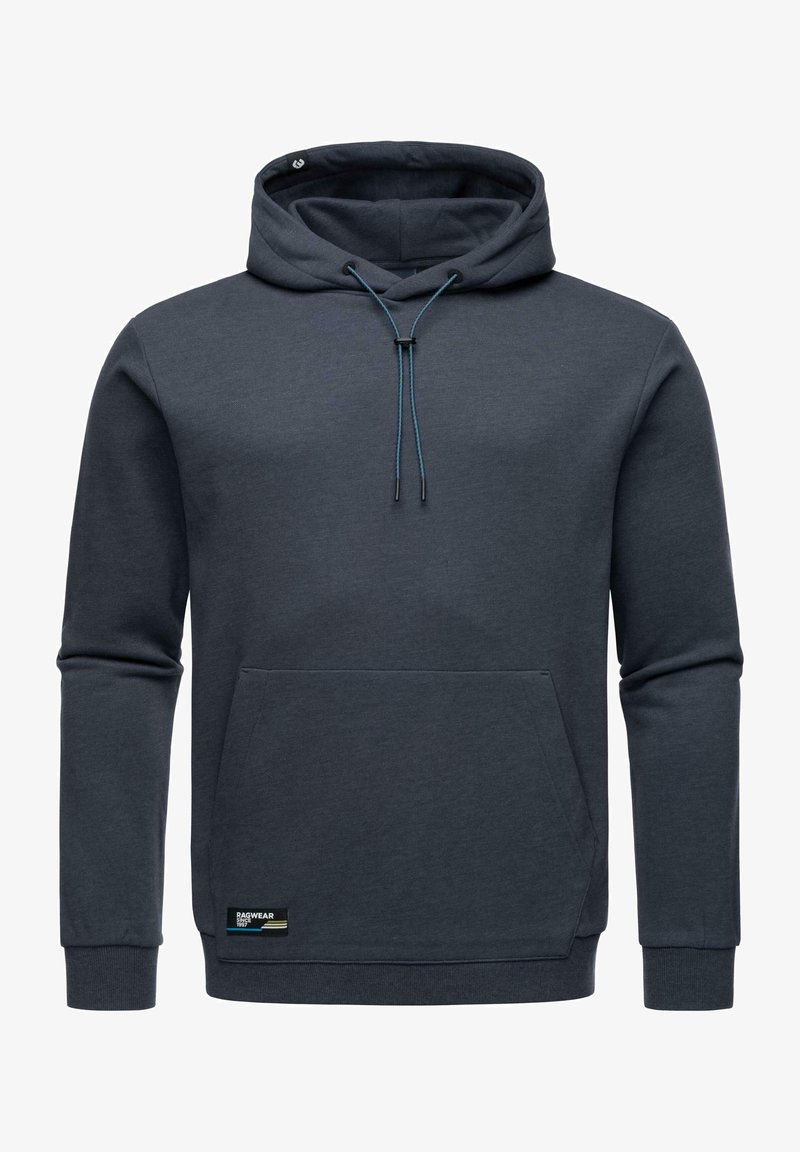 Dunkelgrauer Pullover-Hoodie mit Kängurutasche, verstellbarem Kordelzug an der Kapuze und Rippenbündchen. Mit hochwertigem Etikett unten links.