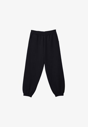 Black sweatpants with an elastic waistband, cuffed ankles, and side pockets. Soft fabric with a smooth texture and loose fit.