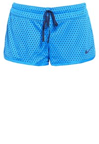 Blå nätatletiska shorts med dragsko i midjan, med små cirkulära perforeringar och en svart Nike-logotyp på nedre vänstra sidan.