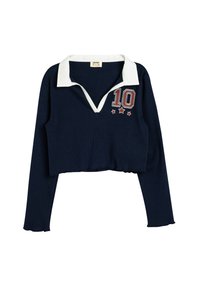Mørkeblå kort sweatshirt med hvid krave. Udstyret med et rødt "10" og to stjerner på venstre brystområde. Ribbet struktur.