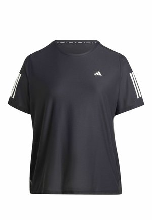 Black athletic t-shirt made of breathable material, featuring a crew neck, short sleeves, and white three-striped accents on the shoulders.