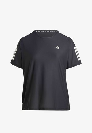 Black athletic t-shirt made of breathable material, featuring a crew neck, short sleeves, and white three-striped accents on the shoulders.