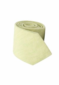 Vaaleanvihreä pellavainen solmio, joka on rullattu ja jonka terävä pää on näkyvissä. Solmion pinta on sileä ja kangas viimeistelty tasaisesti.