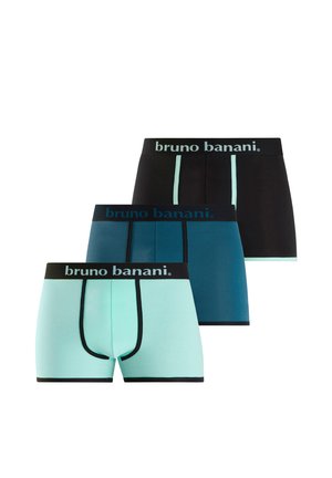 Drei Paar Herren-Boxershorts in Schwarz, Dunkelblau und Hellblau mit kontrastierendem Besatz und "bruno banani" am Bund.
