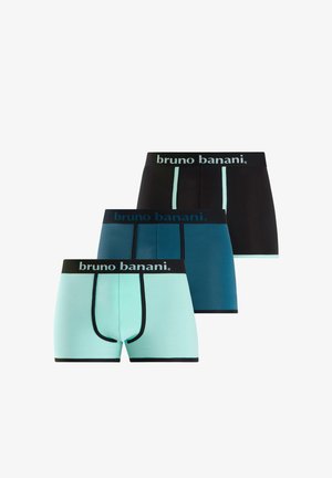 Drei Paar Herren-Boxershorts in Schwarz, Dunkelblau und Hellblau mit kontrastierendem Besatz und "bruno banani" am Bund.