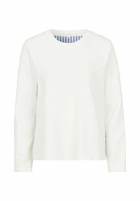 Vit långärmad skjorta i mjuk bomull, med rund halsringning och randigt mönster innanför kragen. Diskret logotypdetalj på framsidan.