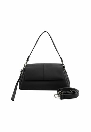 Borsa a tracolla in pelle nera con design strutturato, pattina pieghevole, tracolla e cintura regolabile. Presenta poco hardware decorativo.