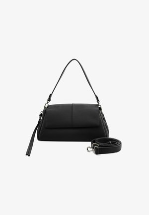 Zwart leren handtas met een gestructureerd ontwerp, omklapbare flap, schouderriem en verstelbare crossbodyriem. Heeft minmaal hardware accenten.