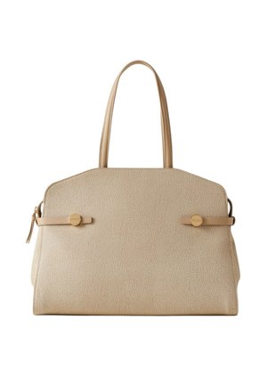 Borsa beige testurizzata con due manici lunghi, dettagli circolari dorati sulle cinghie laterali e chiusura con cerniera sul lato sinistro.