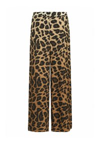 Pantalons à jambes larges en imprimé léopard de couleur kaki et noir, avec une texture lisse et une taille haute, adaptés à diverses occasions.
