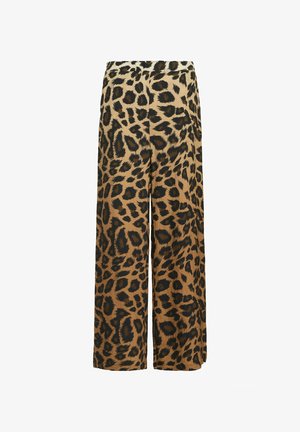 Kalhoty s leopardím potiskem v khaki a černé barvě, s hladkou texturou a vysokým pasem, vhodné pro různé příležitosti.
