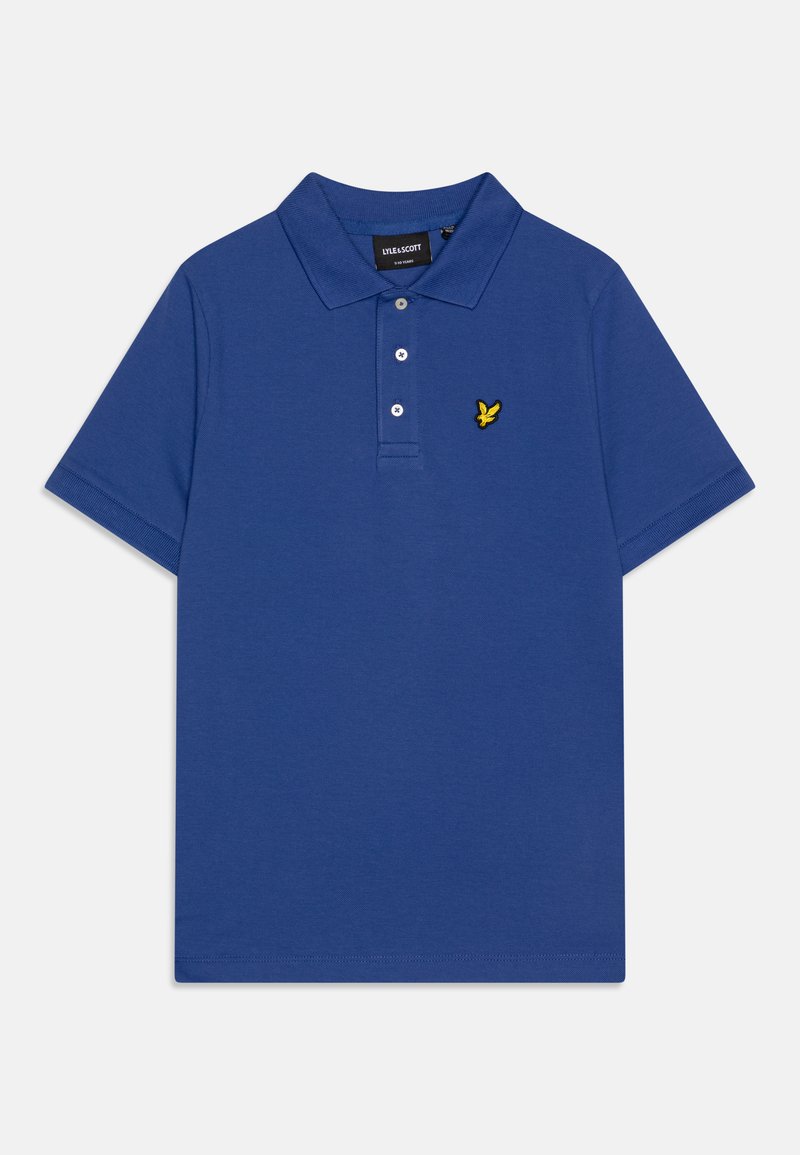 Polo azul feito de algodão, com colarinho, três botões brancos e um pequeno logótipo bordado amarelo no peito. Mangas curtas.