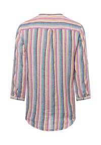 Mehrfarbig gestreifte Hemd aus leichtem Stoff. Verfügt über lange Ärmel, Knopfmanschetten und einen abgerundeten Saum. Die Farben umfassen Pink, Blau und Braun.