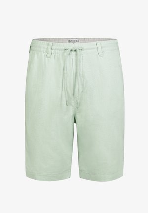 Light green shorts with a textured fabric, elastic waistband, and adjustable drawstring. Features a casual design without pockets.