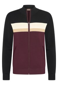 Zipjacke in Schwarz, Burgunderrot und Creme. Mit hohem Kragen, Seitentaschen und einem strukturierten Stoff mit horizontalen Farbstreifen.