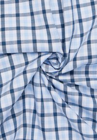 Light blue and white plaid fabric, featuring a grid pattern with dark blue accents and a soft, smooth texture. Wrinkled appearance.
