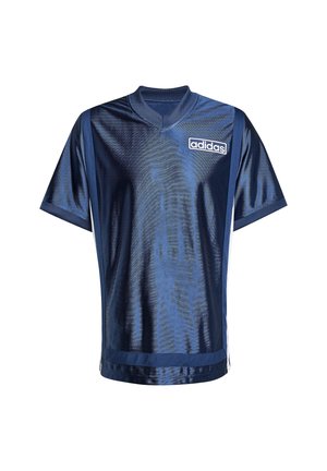 Marineblauw sportshirt met korte mouwen, v-hals ontwerp en witte accenten. Beschikt over een Adidas-logo aan de linkerkant van de voorkant. Glad textuur.