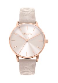 Runde Uhr mit einem Gehäuse aus roségoldfarbenem Edelstahl. Weißes Zifferblatt mit minimalistischen Stundenmarkierungen. Hellgraues Wildlederarmband mit geprägtem Blattmuster.