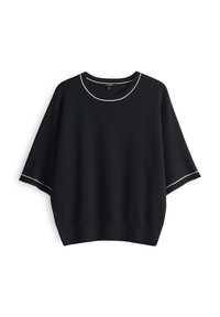 Schwarzer, kurzärmeliger Strickpullover mit rundem Ausschnitt und weißen Paspeln entlang des Kragens und der Ärmel. Lockere Passform mit strukturiertem Stoff.