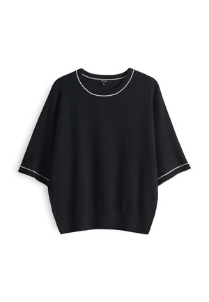 Schwarzer, kurzärmeliger Strickpullover mit rundem Ausschnitt und weißen Paspeln entlang des Kragens und der Ärmel. Lockere Passform mit strukturiertem Stoff.