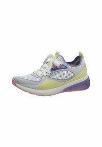Scarpa atletica in mesh bianco con accenti verde chiaro, viola e rosa. Presenta un colletto imbottito, design con lacci e una suola testurizzata.