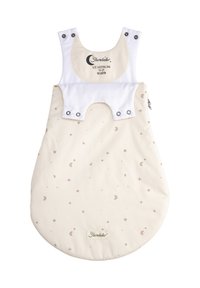 Schlafsack für Babys in Creme mit hellbraunen Halbmond- und Sternmotiven, mit Druckknopfverschlüssen und einem Reißverschluss; entworfen für Neugeborene.