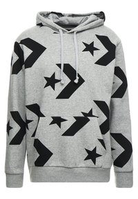 Gray hooded sweatshirt with black star and arrow patterns, featuring a front kangaroo pocket and drawstring hood. Made from soft fabric.