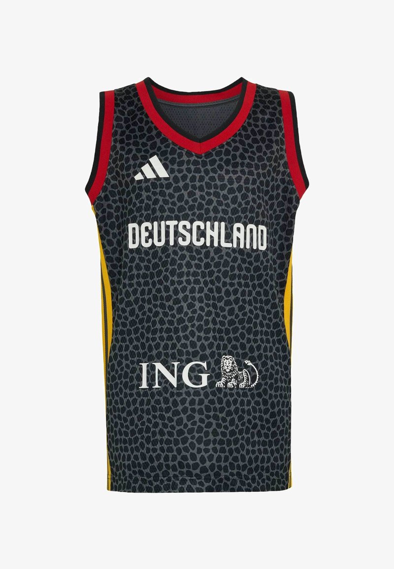 Zwart en grijs gespikkeld basketbalshirt met rode rand, tekst "DEUTSCHLAND", Adidas-logo, gele zijstrepen en ING-sponsorlogo met een leeuw.