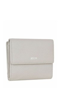 Portefeuille en cuir texturé beige avec rabat pliant, coutures visibles et logo JOOP! argenté centré à l'avant.