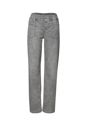 Grey trousers with a relaxed fit, featuring an elastic waistband, two side pockets, and a smooth, slightly textured fabric finish.