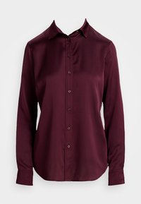 Bordeaux farbendes Langarmhemd, glattes Satinmaterial, Knopfverschluss vorne, klassischer Kragen, abgerundeter Saum und Manschetten mit einem Knopf.