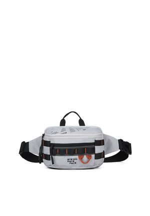 Compact gray waist bag with black adjustable strap, front zip pocket, and small orange loop detail on a white background.