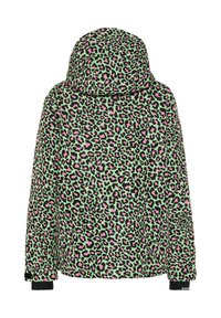 Bunte Leopardenmuster-Jacke in Grün, Schwarz und Pink, mit Kapuze, langen Ärmeln und elastischen Bündchen für eine eng anliegende Passform.