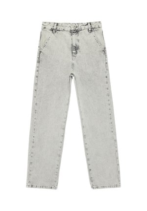 Jean gris clair à jambes droites avec poches avant, passants pour ceinture et fermeture à boutons, présenté à plat sur fond blanc.