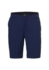 Marineblauwe shorts gemaakt van lichtgewicht stof, met een knoopsluiting, voorzakken en een vlakke tailleband.