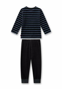 Schwarzes Langarmoberteil mit blauen horizontalen Streifen; schwarze Hose mit elastischem Bund und schmalen Bündchen. Weicher, strukturierter Stoff.