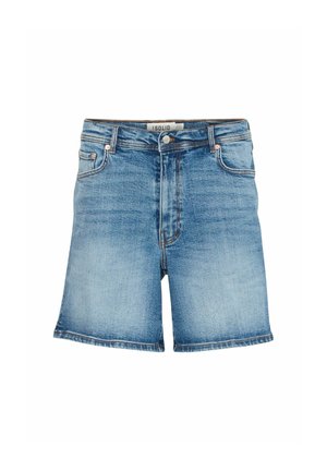 Heledad sinine teksapüksid otsekäärtega, ühe nööbiga sulgemine ja ees olevad taskud. Omab tuhmunud tekstuuri ja keeratud servasid.