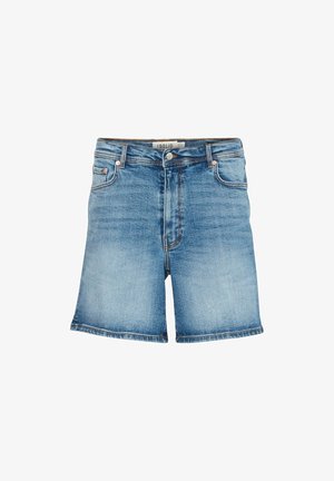 Heledad sinine teksapüksid otsekäärtega, ühe nööbiga sulgemine ja ees olevad taskud. Omab tuhmunud tekstuuri ja keeratud servasid.