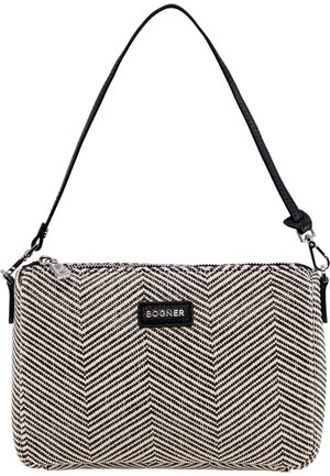 Malá obdélníková kabelka s černo-bílým rybí kostí vzorem, černým koženým popruhem, stříbrným zipem a nápisem "BOGNER" na přední straně.