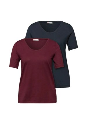 Dwie proste koszulki z krótkim rękawem i okrągłym dekoltem, jedna bordowa z przodu, a druga ciemnogranatowa z tyłu, wyświetlone na białym tle.