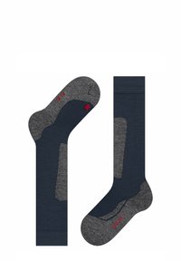Marine sokken met grijze accenten, verstevigde teen en hiel. Kenmerkt zich door een gladde textuur en een rood logo. Ontworpen voor comfort en duurzaamheid.