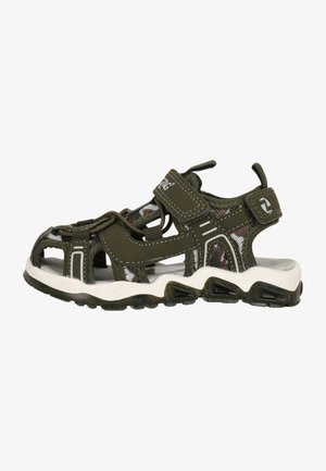 Grønne camo sandaler med åben tå-design, justerbare remme, polstret hvid sål og teksturerede detaljer for holdbarhed og greb.